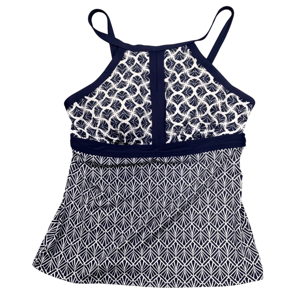 Lands' End Tankini Top Womens 6D Navy Blue High Neck Geometric Fan Print